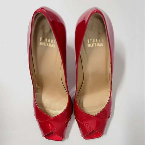 Stuart Weitzman Max Patent Leather Peep Toe Heels in Red Quasar Sz 8½N - Picture 4 of 13